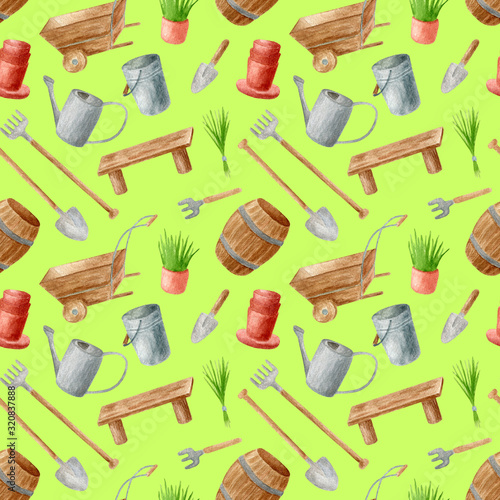 Watercolor gardening tools seamless pattern. Hand drawn watering can, rake, wooden cask and wheelbarrow, shovel, seedling in flower pot and bench isolated on green. Spring, summer design.