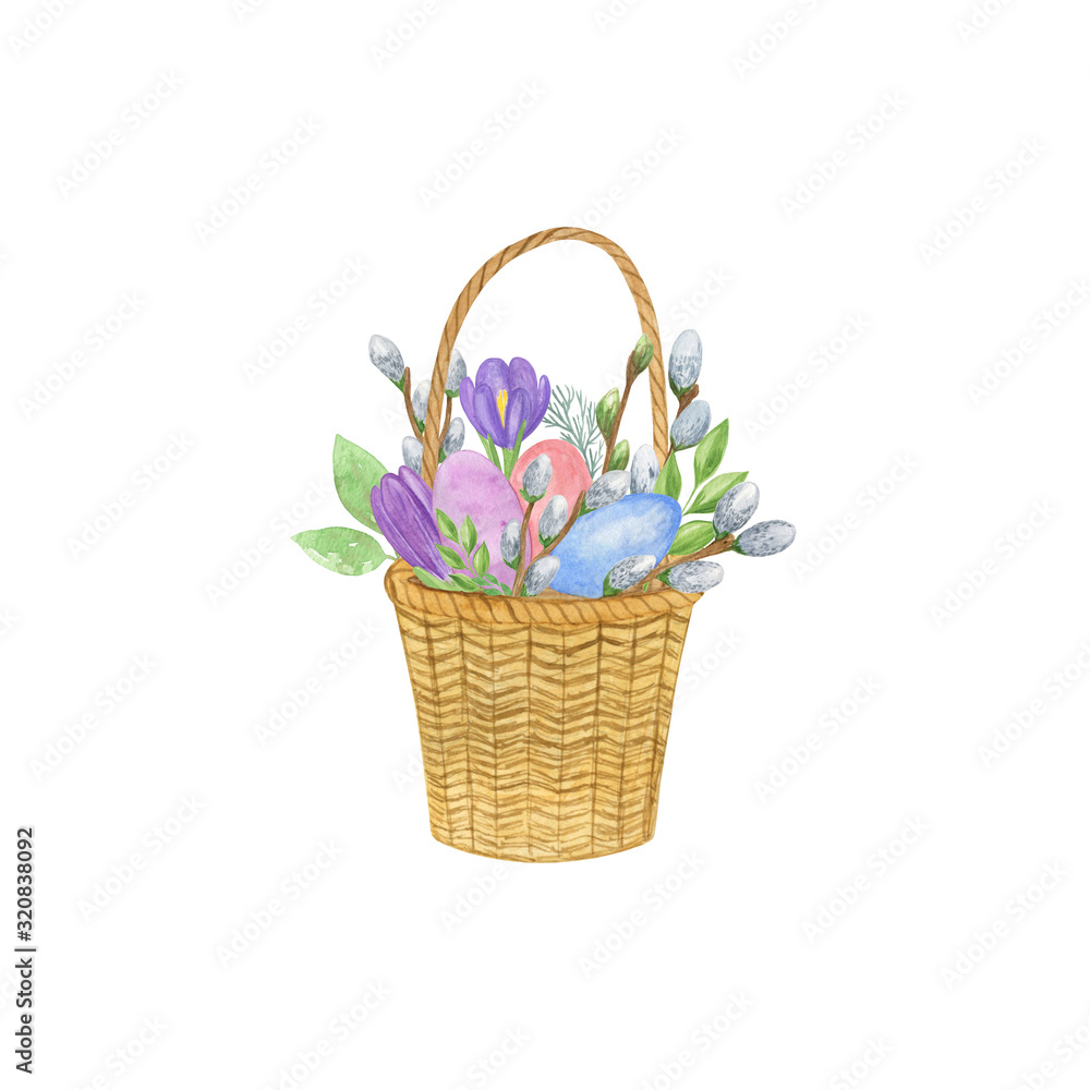 Easter eggs, pussy willow branches, crocus flower in a wicker basket, spring floral composition, watercolor illustration, elements for designing Easter holidays celebration cards, invitations