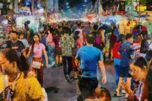 Chiang Mai Walking Street Thailand Handicraft market Illustrations creates an impressionist style of painting.