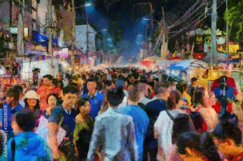 Chiang Mai Walking Street Thailand Handicraft market Illustrations creates an impressionist style of painting. © Kittipong
