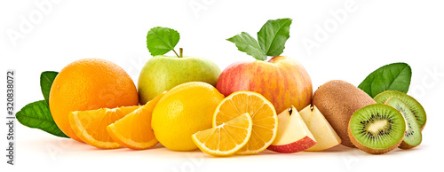 Fresh fruits healthy diet concept. Mixed vegan juicy food, green apple, orange isolated on white. Citrus freshly fruit for detox health juice or smoothie. Dieting background