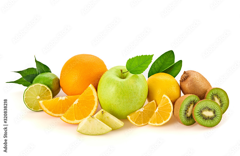 Fresh fruits healthy diet concept. Raw mixed vegan juicy food background, green apple, orange isolated on white. Variety of fresh citrus fruit for juice or smoothie. Detox health clean eating