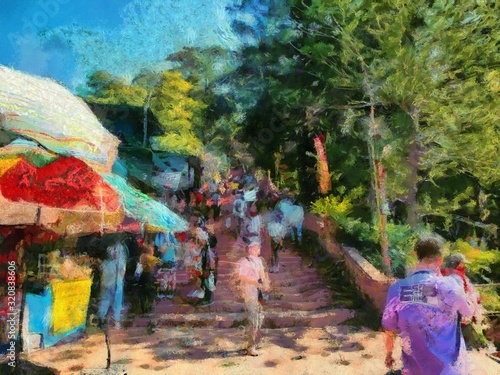 Wat Phra That Doi Suthep temple Tourists walking up and down stairs in tourism Illustrations creates an impressionist style of painting.