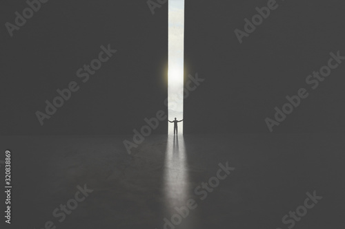 Canvas Print man opening huge gate to reach freedom