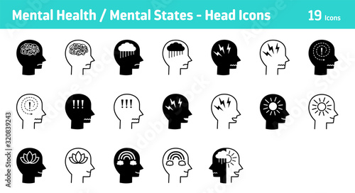 Mental Health / Mental States - people heads icon set, 19 icons