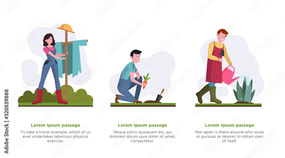 Gardeners outdoors set. People gathering harvest, watering plants, setting scarecrow flat vector illustration. Gardening, farming, activity concept for banner, website design or landing web page Gardeners outdoors set. People gathering harvest, watering plants, setting scarecrow flat vector illustration. Gardening, farming, activity concept for banner, website design or landing web page