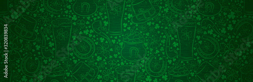 Green Patrick Day greeting banner with green clovers, beer mug, horseshoe, hat, pipe. Patrick's Day holiday design. Horizontal background, headers, posters, cards, website. Vector illustration