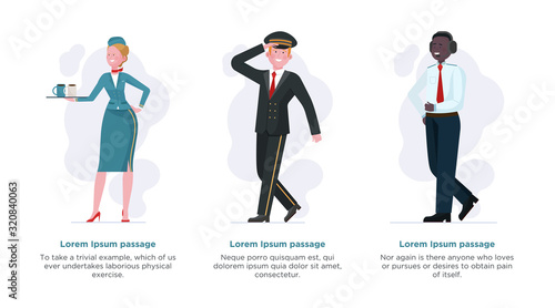 Air crew set. Stewardess, pilot, captain flat vector illustration. Airliner, flight, trip concept for banner, website design or landing web page