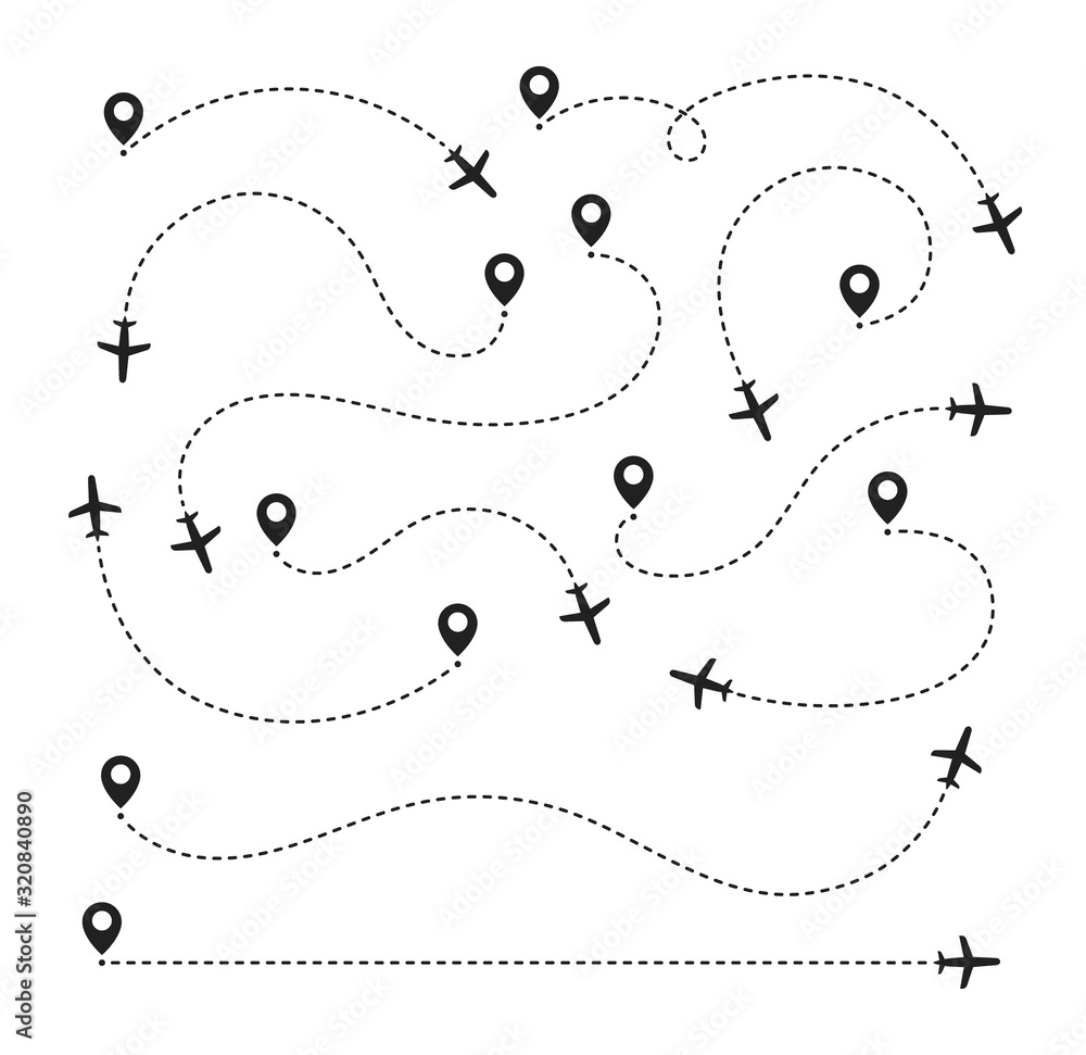 Big set plane route line. Airplane travel concept with map pins, GPS points. Flight start point concept or theme. Vector illustration Big set plane route line. Airplane travel concept with map pins, GPS points. Flight start point concept or theme. Vector illustration