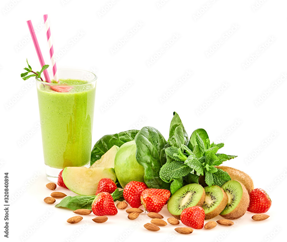 Healthy fresh fruit berry smoothie in glass. Raw assorted veg ingredients isolated on white. Tasty strawberry, green spinach, kiwi fruits background, creative weight loss health vegan concept. Healthy fresh fruit berry smoothie in glass. Raw assorted veg ingredients isolated on white. Tasty strawberry, green spinach, kiwi fruits background, creative weight loss health vegan concept.