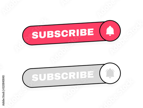 Subscribe geometric button label for videos channel with hand pointer clicking and bell. Modern vector illustration