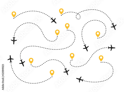Big set plane route line. Airplane travel concept with map pins, GPS points. Flight start point concept or theme. Vector illustration