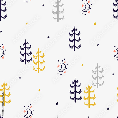 Night Forest Vector Seamless pattern. Woodland Childish Background with Hand Drawn Doodle Fir Tree  Moon and Stars. Scandinavian Print Design for kids