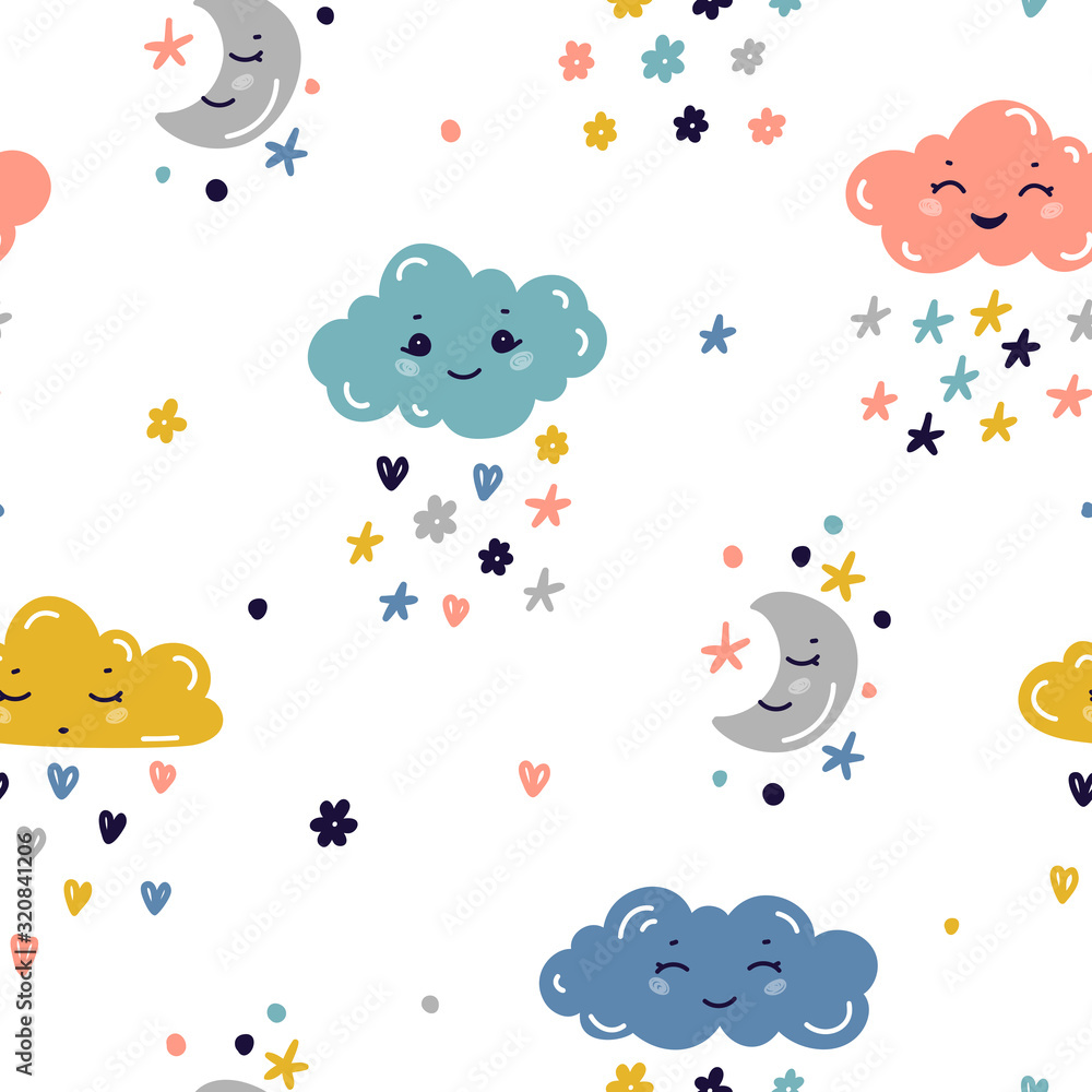 Vector Seamless Pattern with Doodle Cute Rain Clouds with Stars, Hearts, Flowers and Moon. Night Sky Colorful Background for Kids Fashion, Nursery, Baby Shower Scandinavian Design Vector Seamless Pattern with Doodle Cute Rain Clouds with Stars, Hearts, Flowers and Moon. Night Sky Colorful Background for Kids Fashion, Nursery, Baby Shower Scandinavian Design