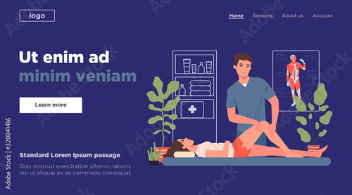 Professional massaging woman leg. Massage therapist, patient, salon flat vector illustration. Recovery, spa, relaxation concept for banner, website design or landing web page © Bro Vector