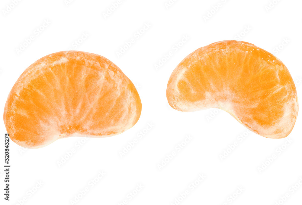 slice of tangerine isolated on white. Entire image in sharpness. Close-up, macro. slice of tangerine isolated on white. Entire image in sharpness. Close-up, macro.