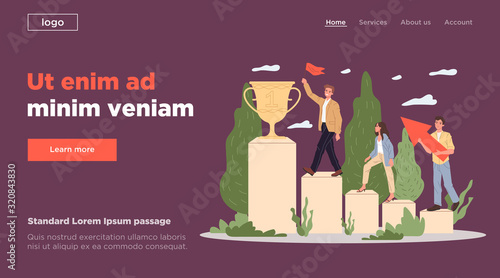 Successful team walking upstairs on podium. Award, winning, prize cup flat vector illustration. Leadership, top, triumph concept for banner, website design or landing web page
