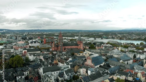 Aerial pedestal shot of the Old Town of Mainz Germany during the day. photo