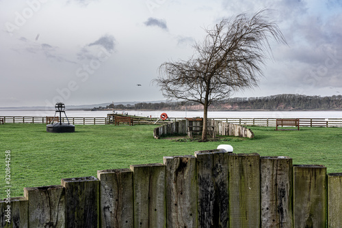 Looking towards the river Severn from behind timbers