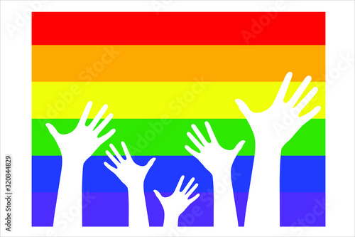 Gay parade vector. Many hands on a multi-colored LGBT flag.