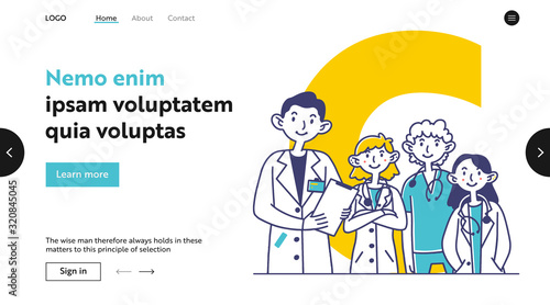 Team of medical practitioners. Doctors in white coats and scrubs with stethoscopes flat vector illustration. Physicians, medicine, occupation concept for banner, website design or landing web page © Bro Vector