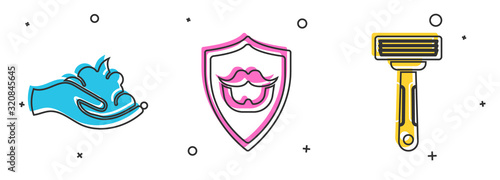 Set Shaving gel foam on hand, Mustache and beard on shield and Shaving razor icon. Vector