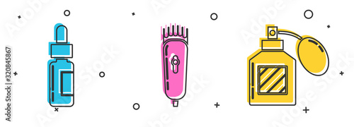 Set Glass bottle with a pipette, Electrical hair clipper or shaver and Aftershave icon. Vector