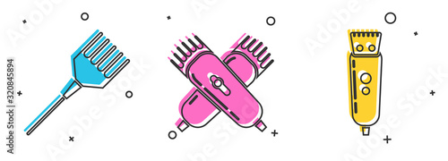 Set Hairbrush, Crossed electrical hair clipper or shaver and Electrical hair clipper or shaver icon. Vector