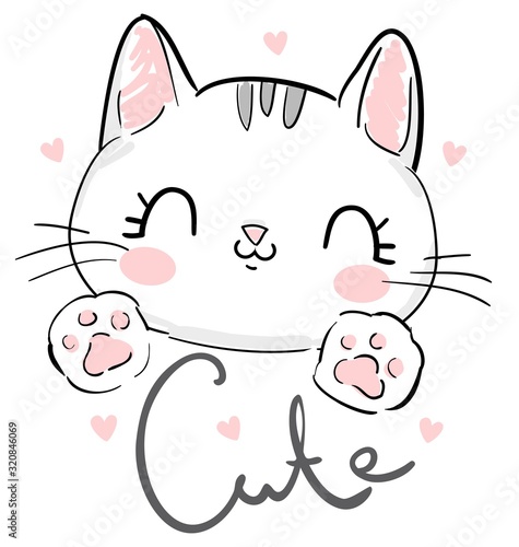 Kitten, cute cat sketch vector illustration, design print on t-shirt. Hand Drawn Vector Illustration.