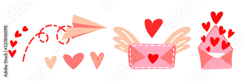 Set of vector illustrations of love messages for Valentine's Day. Flying paper airplane, cute letter with wings, envelope with hearts open. Valentine's Day gift and element for logo, game, print, post