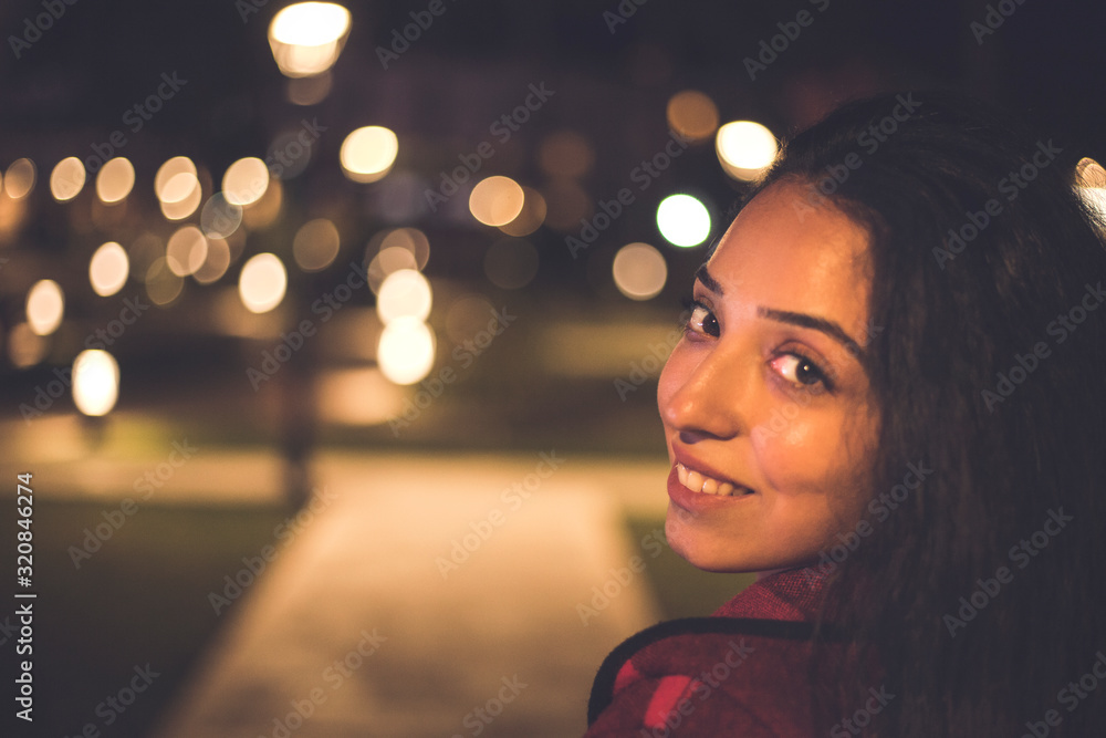 happy woman in night city happy woman in night city