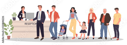 Store customers standing in queue vector illustration. People in supermarket waiting in line for cashier service. Shopping in crowded store, purchasing food and clothes with discounts