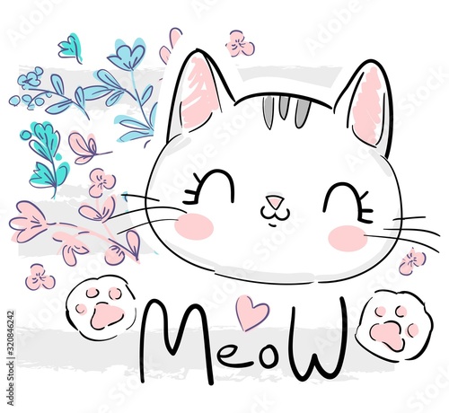 Kitten, cute cat and flowers sketch vector illustration, design print on t-shirt. Hand Drawn Vector Illustration.
