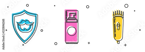 Set Mustache and beard on shield, Shaving gel foam and Electrical hair clipper or shaver icon. Vector