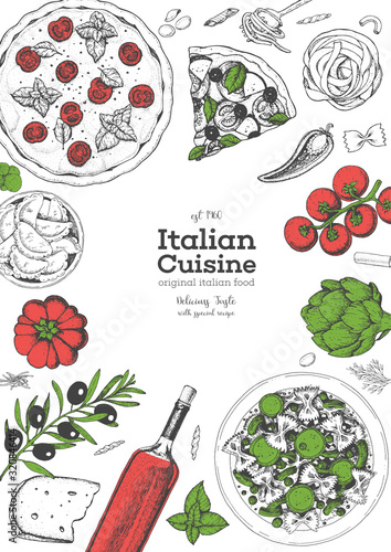Italian food top view menu template. A set of Italian dishes with pasta and pizza. Food menu design template. Vintage hand drawn sketch vector illustration. Engraved image