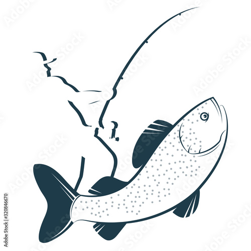 Fisherman caught a fish on fishing rod silhouette
