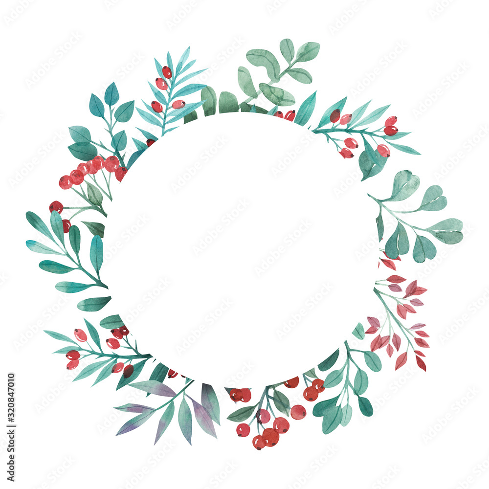 watercolor wreath of green twigs and red berries