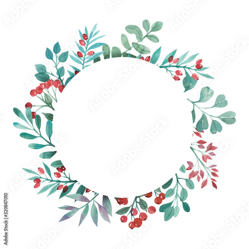 watercolor wreath of green twigs and red berries