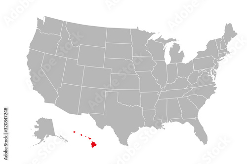 Hawaii island highlighted on USA political map. Gray background. Business concepts.