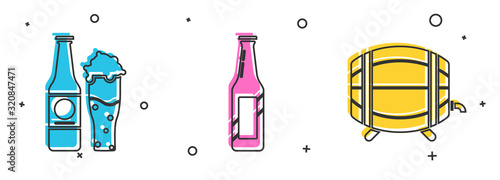 Set Beer bottle and glass, Beer bottle and Wooden barrel on rack with stopcock icon. Vector