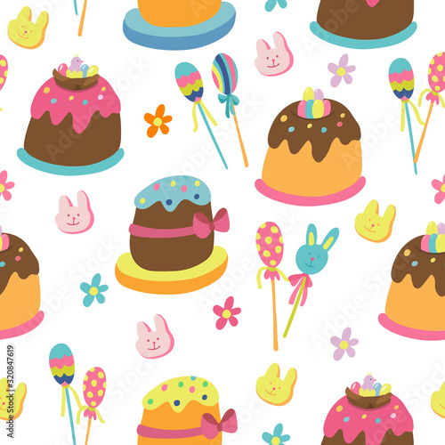 Vector seamless patterns with easter cakes decorated with colorful glaze, sweet baby birds in the nests and little eggs. Rabbit head candy and biscuits. Hand drawn illustration on white. 