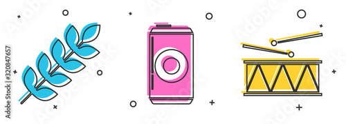 Set Cereals set with rice, wheat, corn, oats, rye, barley, Beer can and Musical instrument drum and drum sticks icon. Vector
