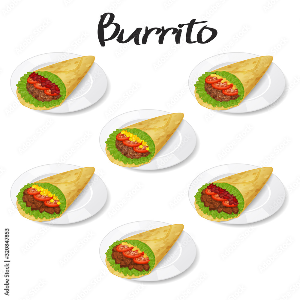 collection of tasty mexican burrito on plate icon on white background. Realistic style. Vector illustration. Isolated on white. Object for packaging, advertisements, menu. collection of tasty mexican burrito on plate icon on white background. Realistic style. Vector illustration. Isolated on white. Object for packaging, advertisements, menu.