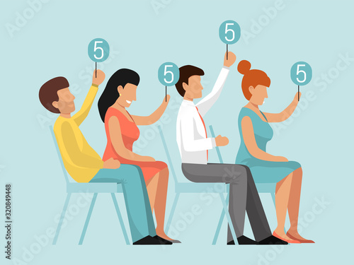 Group of judges jury. Competition judge with score panels at table. Contest jury with rating vector illustration. Competitions vote rating. Professional estimation