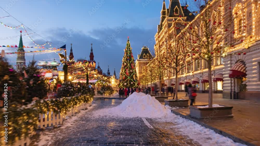 POV evening walking hyper lapse along New Year winter decorated Red Square, Moscow, Russia
