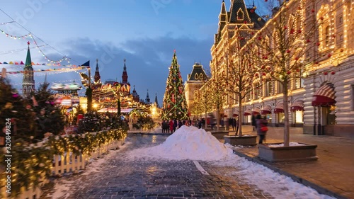 POV evening walking hyper lapse along New Year winter decorated Red Square, Moscow, Russia