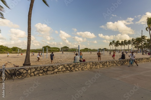 People playing beach volleyball. Healthy life style concept. Miami. USA.