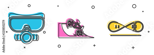Set Diving mask, Bicycle on street ramp and Skateboard trick icon. Vector