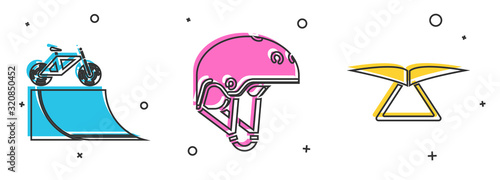Set Bicycle on street ramp, Helmet and Hang glider icon. Vector