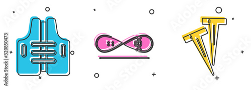 Set Life jacket, Skateboard trick and Pegs for tents icon. Vector